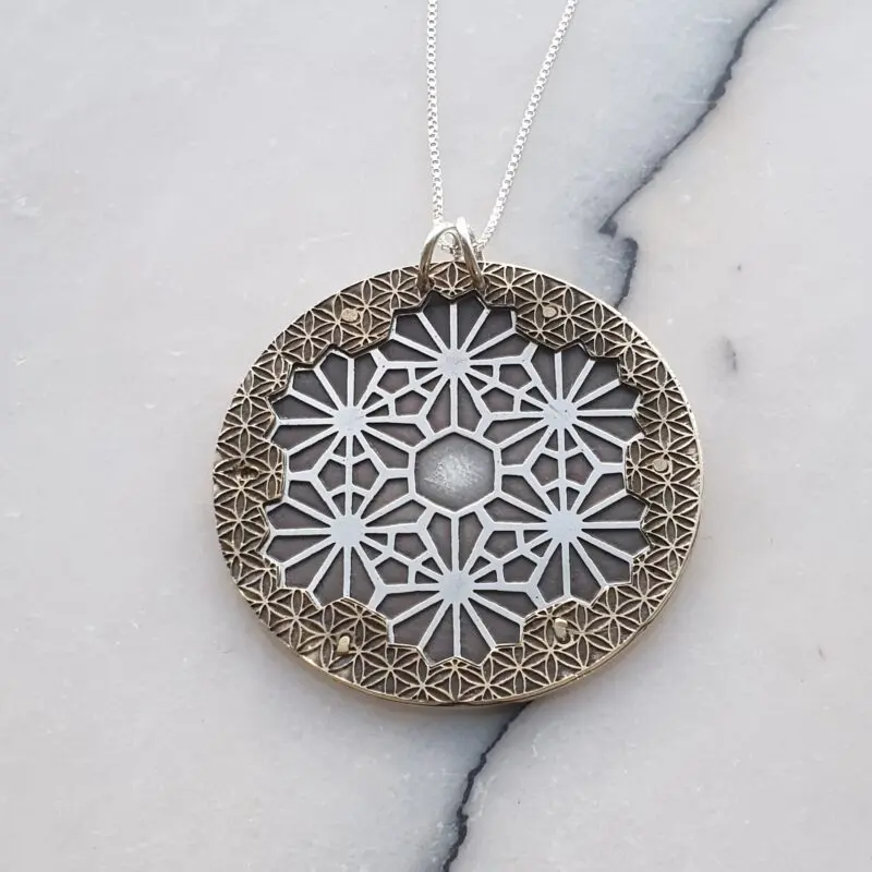 Alchemy in Art. Silver and brass pendant with etched geometric designs